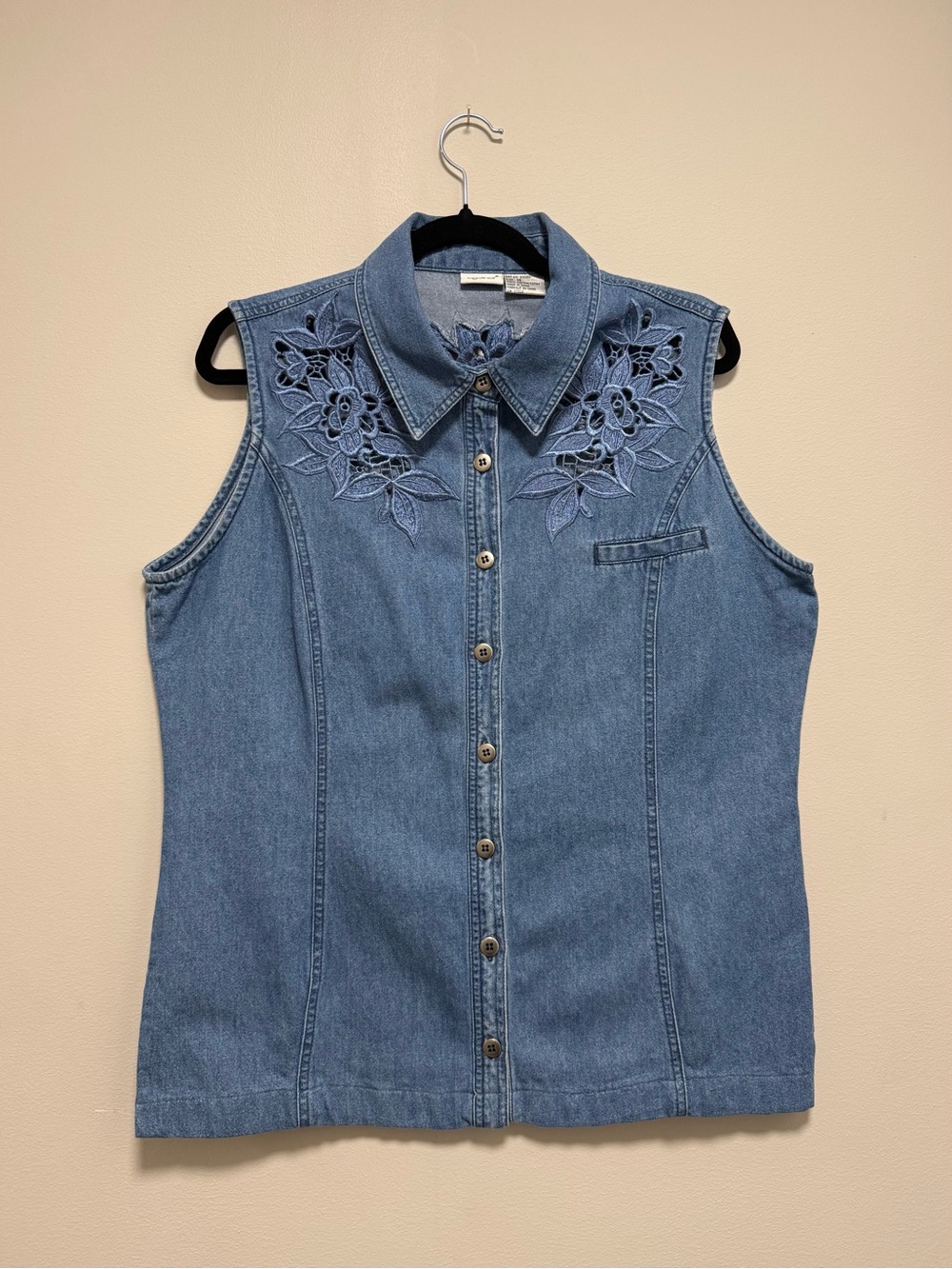 Blue Denim Sleeveless Top with Floral Cutwork